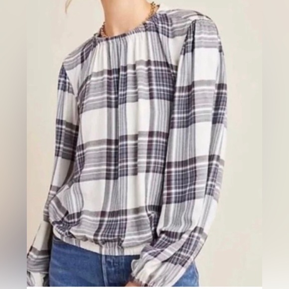 Cloth and Stone for Anthroplogie medium purple & white plaid long sleeved - Picture 2 of 10